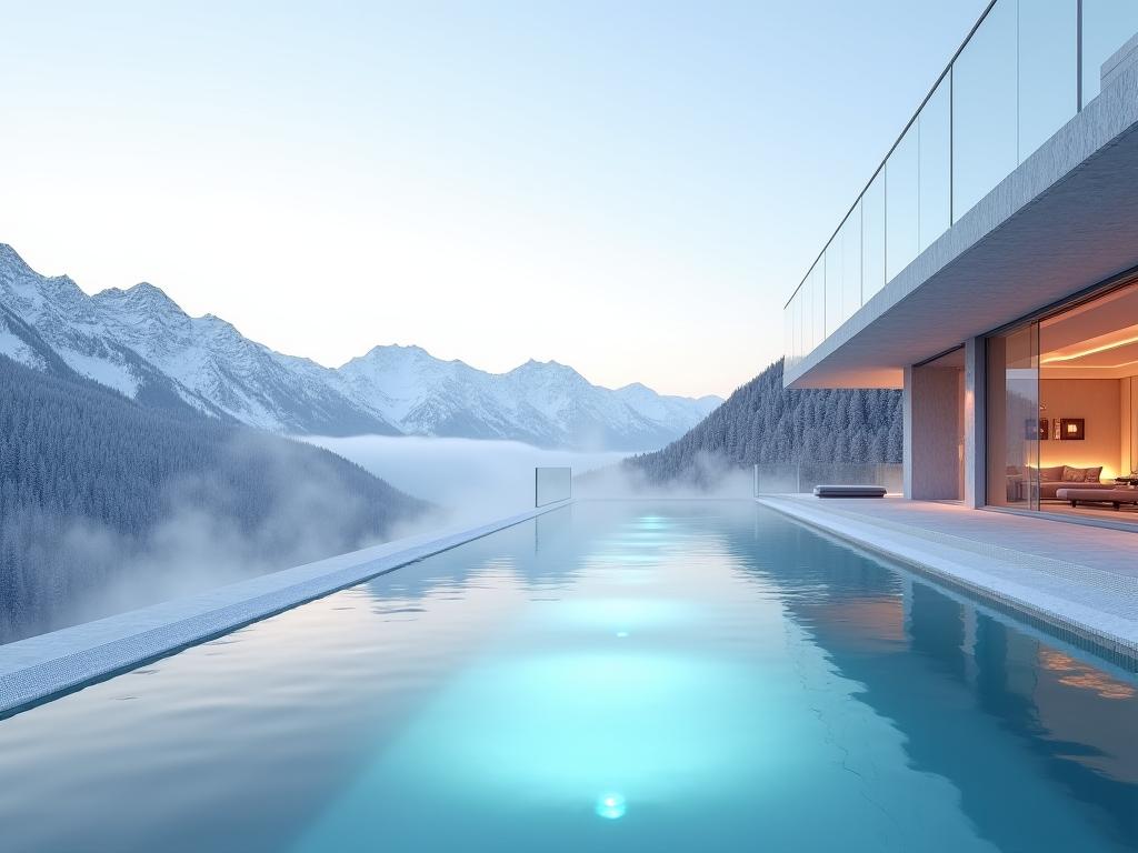 An infinity pool overlooking snowy mountains at a wellness resort