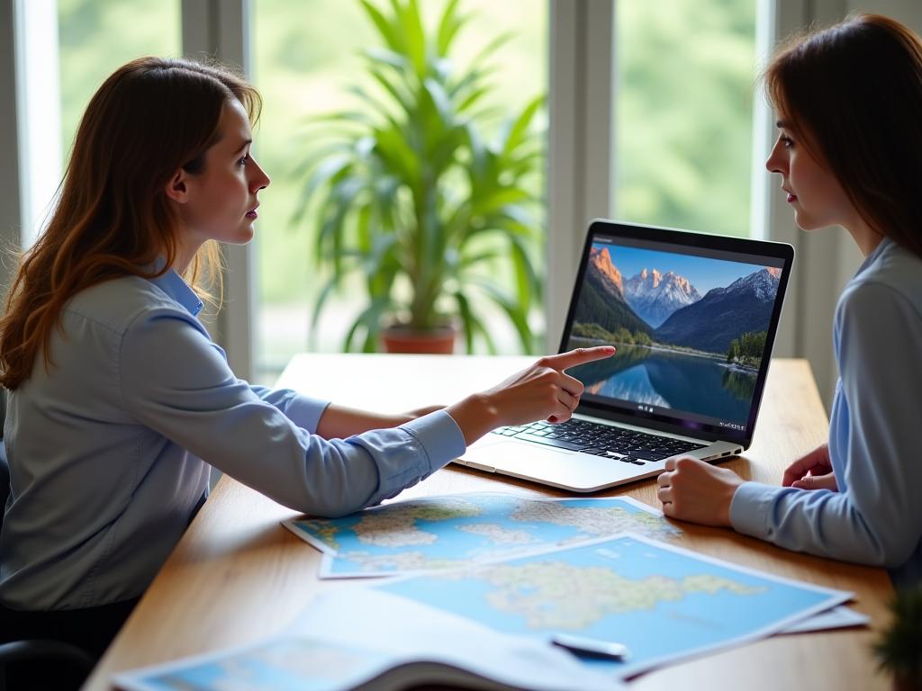A travel consultant planning a Swiss Alps itinerary with a client