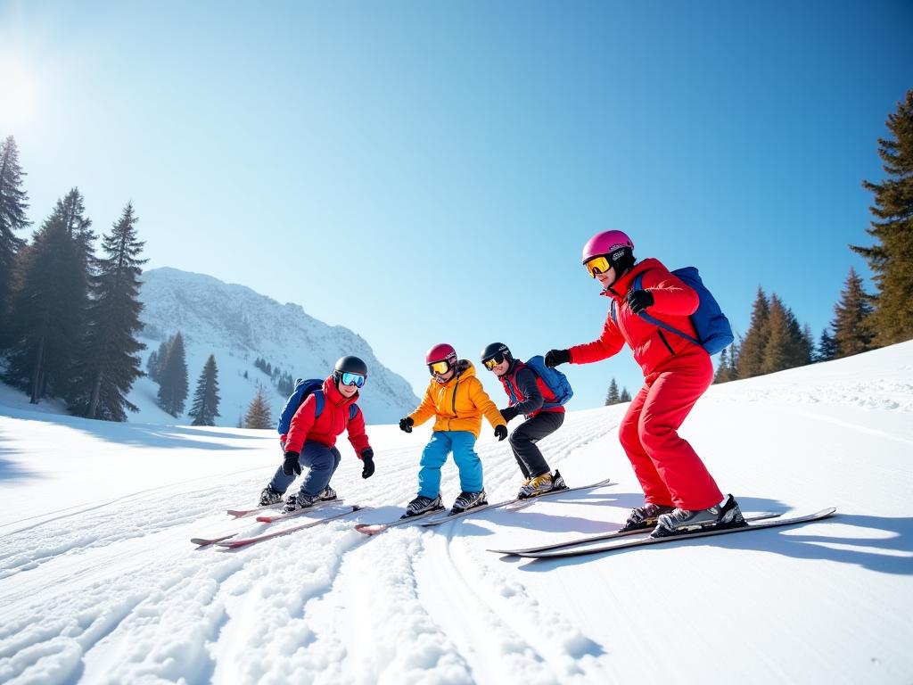 A family with young children enjoying a ski lesson in the Alps