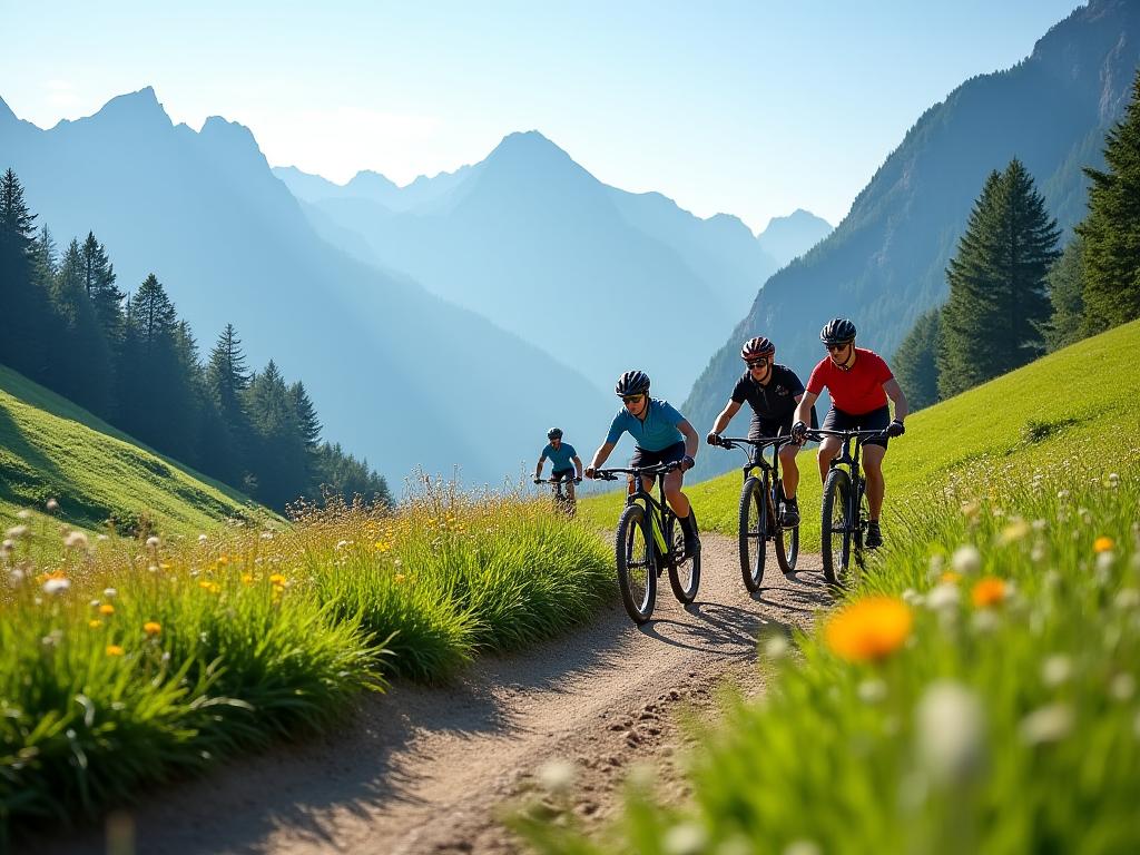 Mountain bikers enjoying a trail in the Swiss Alps during summer