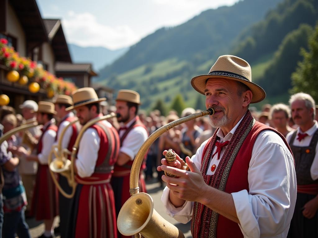 Locals in traditional dress at a Swiss alpine festival with Alphorns